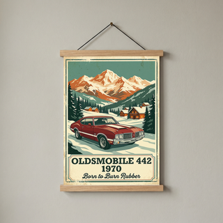 Oldsmobile 442 1970 V2 Poster — Vintage Muscle Winter Alpine Village Print