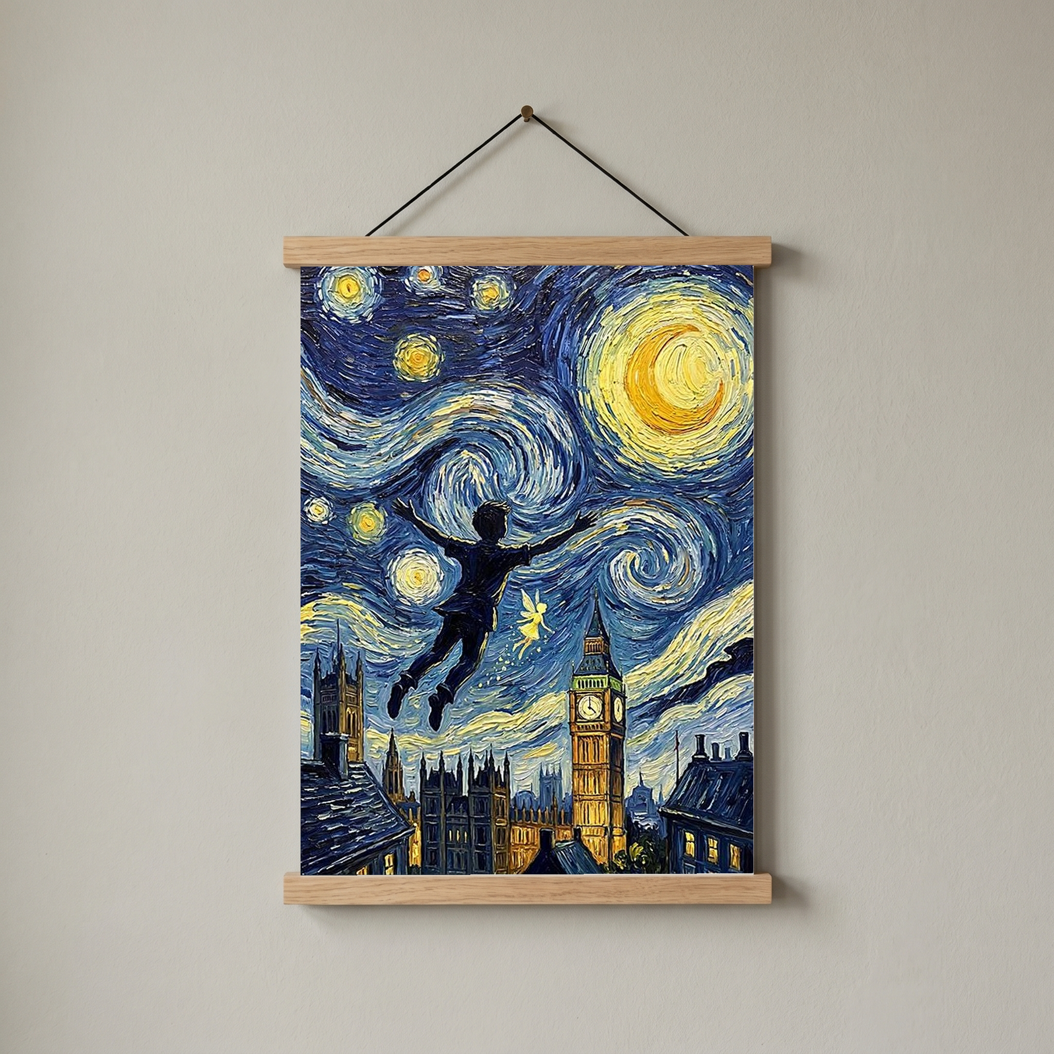 Peter Pan London Starry Night Print — Big Ben Van Gogh-Style Nursery Wall Art