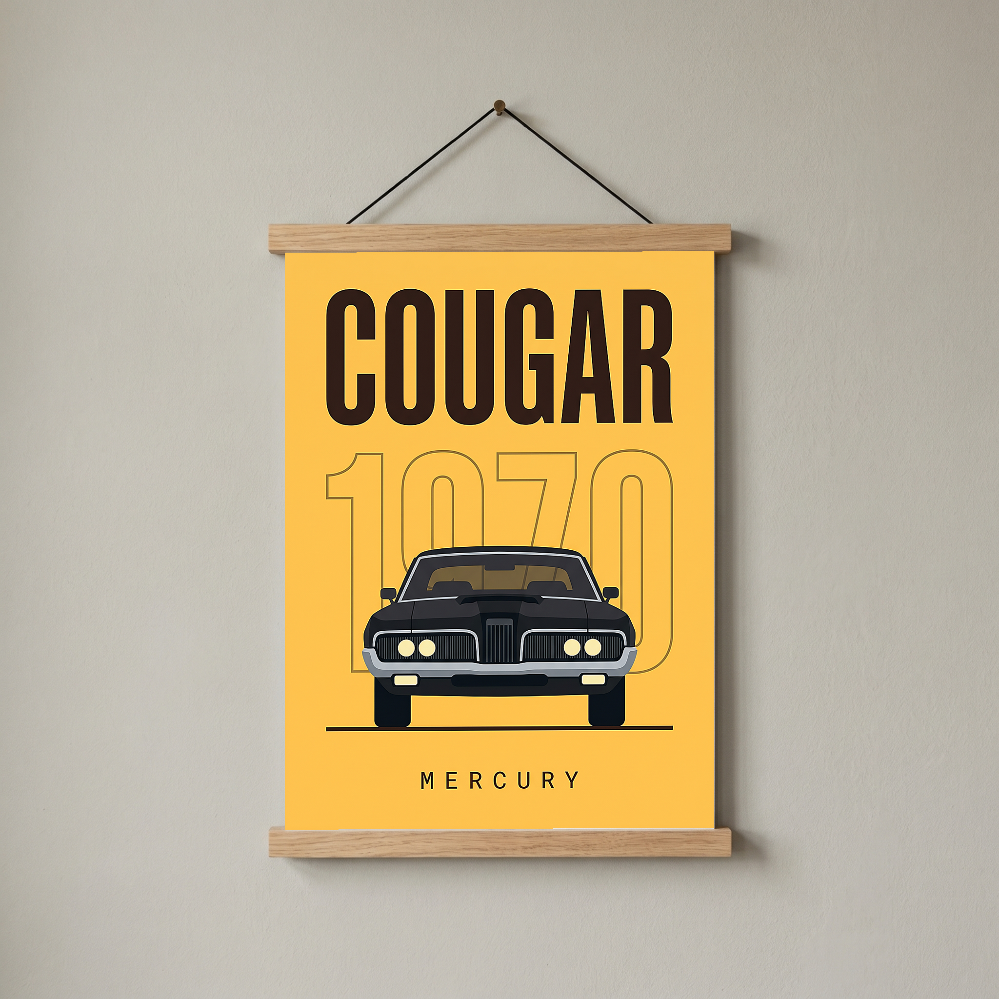 Mercury Cougar 1970 Minimalist Poster — Golden Yellow Muscle Car Line Art