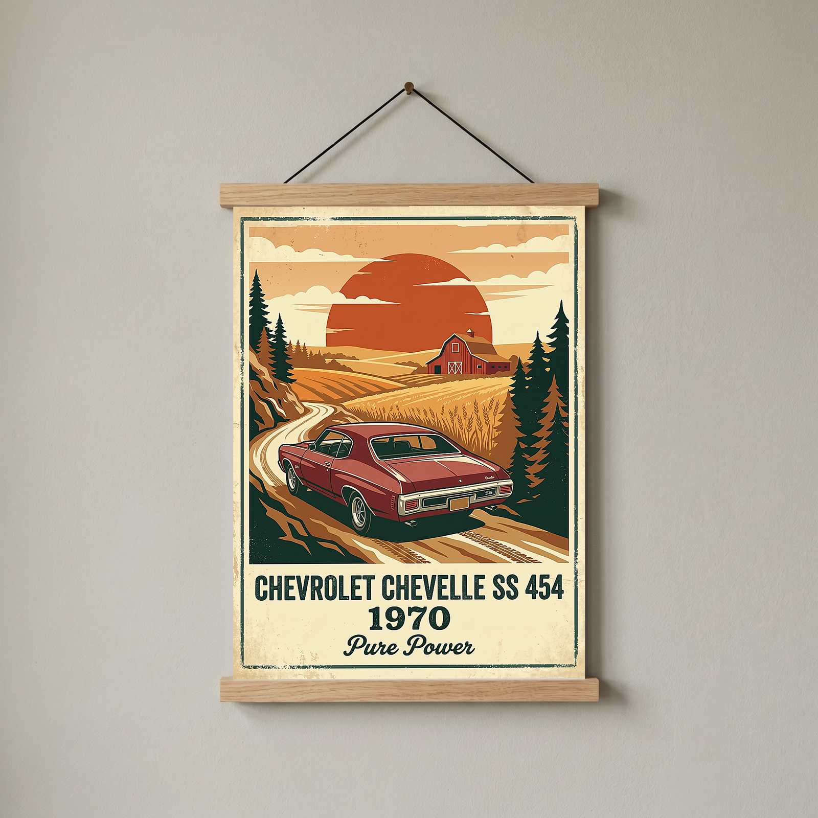 Chevrolet Chevelle SS 454 1970 V2 Poster — Vintage Muscle Car Wheat Field Sunset Print