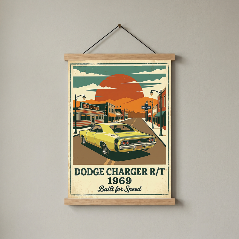 Dodge Charger R/T 1969 Yellow Edition — Vintage Muscle Diner Main Street Print