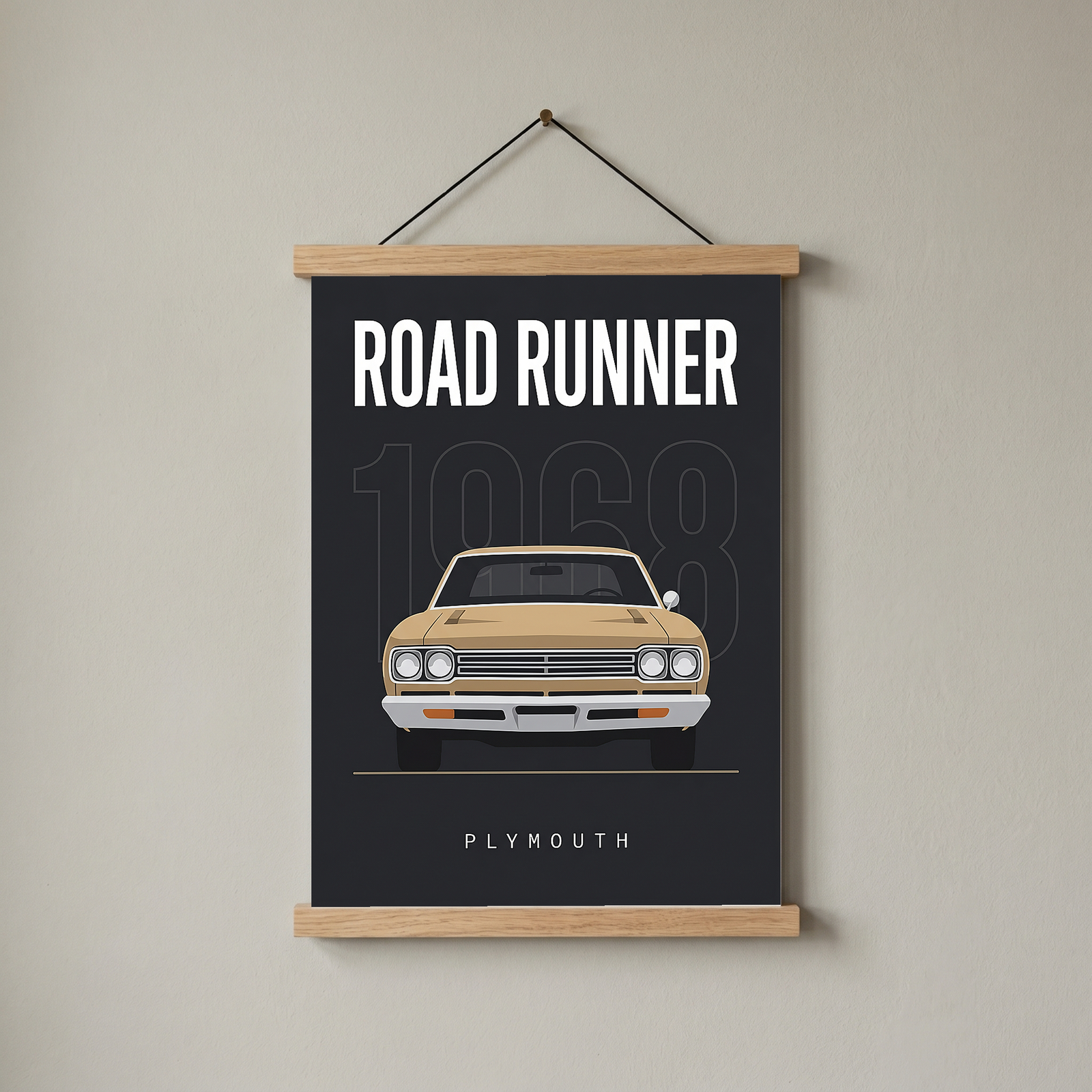 Plymouth Road Runner 1968 V2 Minimalist Poster — Sand on Charcoal Muscle Line Art