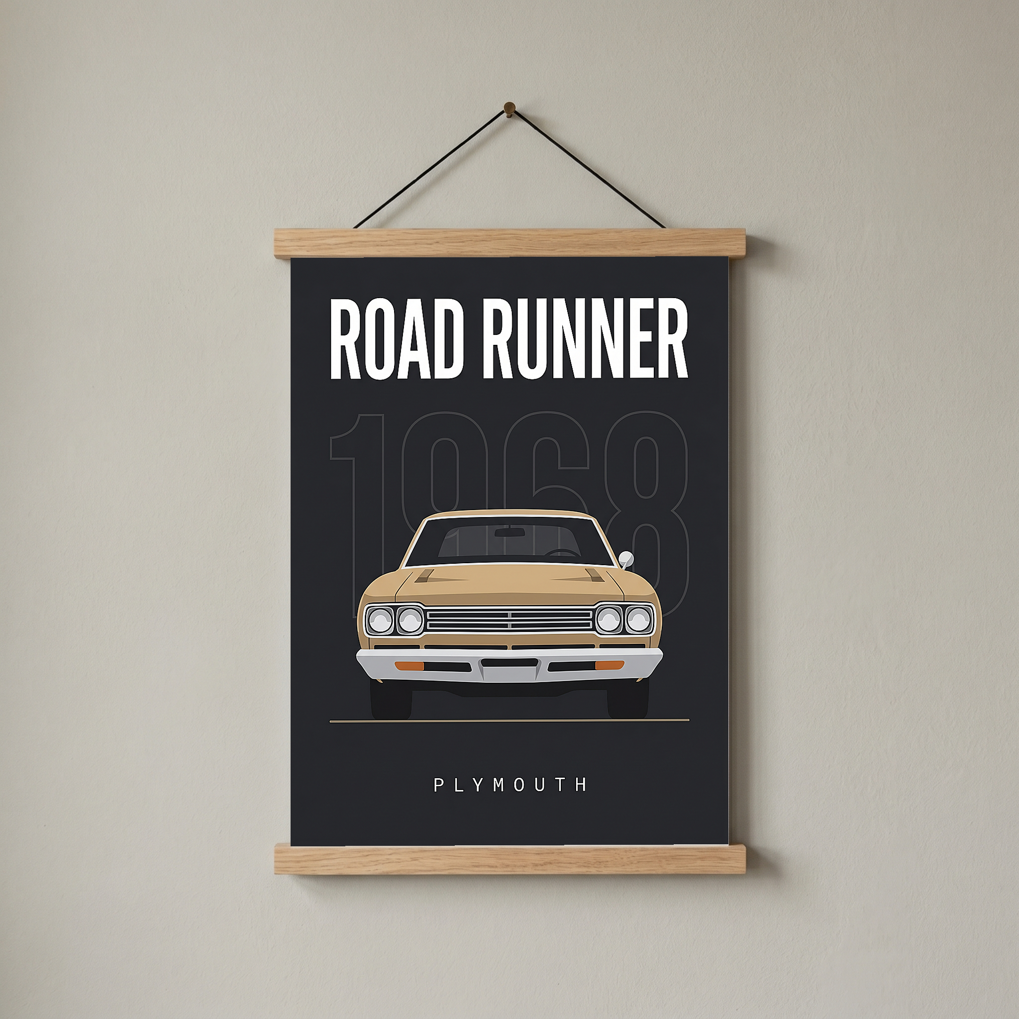 Plymouth Road Runner 1968 V2 Minimalist Poster — Sand on Charcoal Muscle Line Art