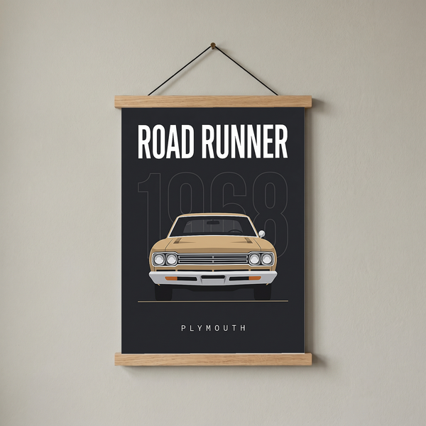 Plymouth Road Runner 1968 V2 Minimalist Poster — Sand on Charcoal Muscle Line Art