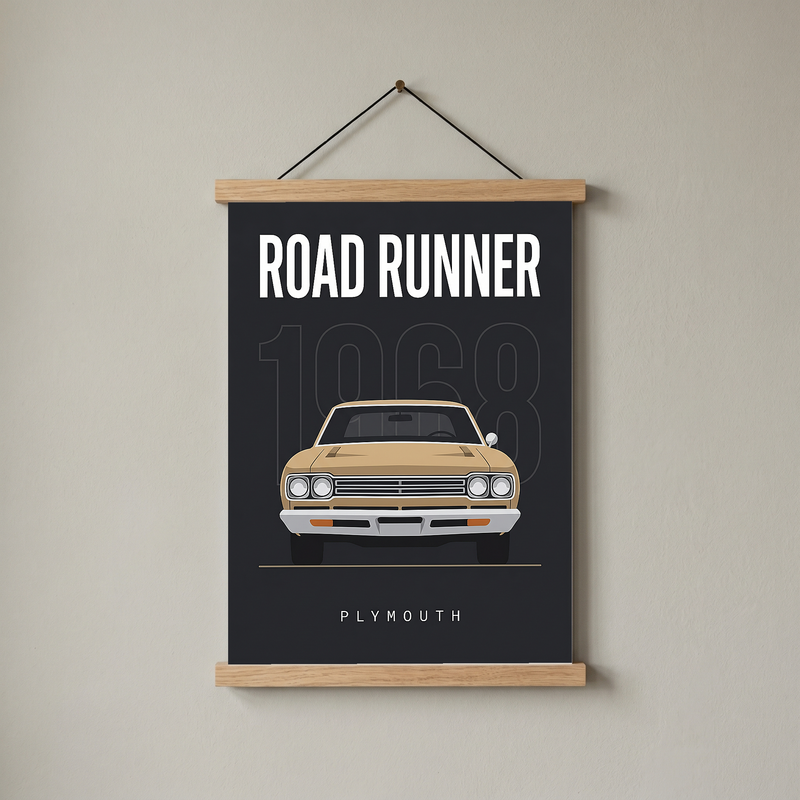 Plymouth Road Runner 1968 V2 Minimalist Poster — Sand on Charcoal Muscle Line Art