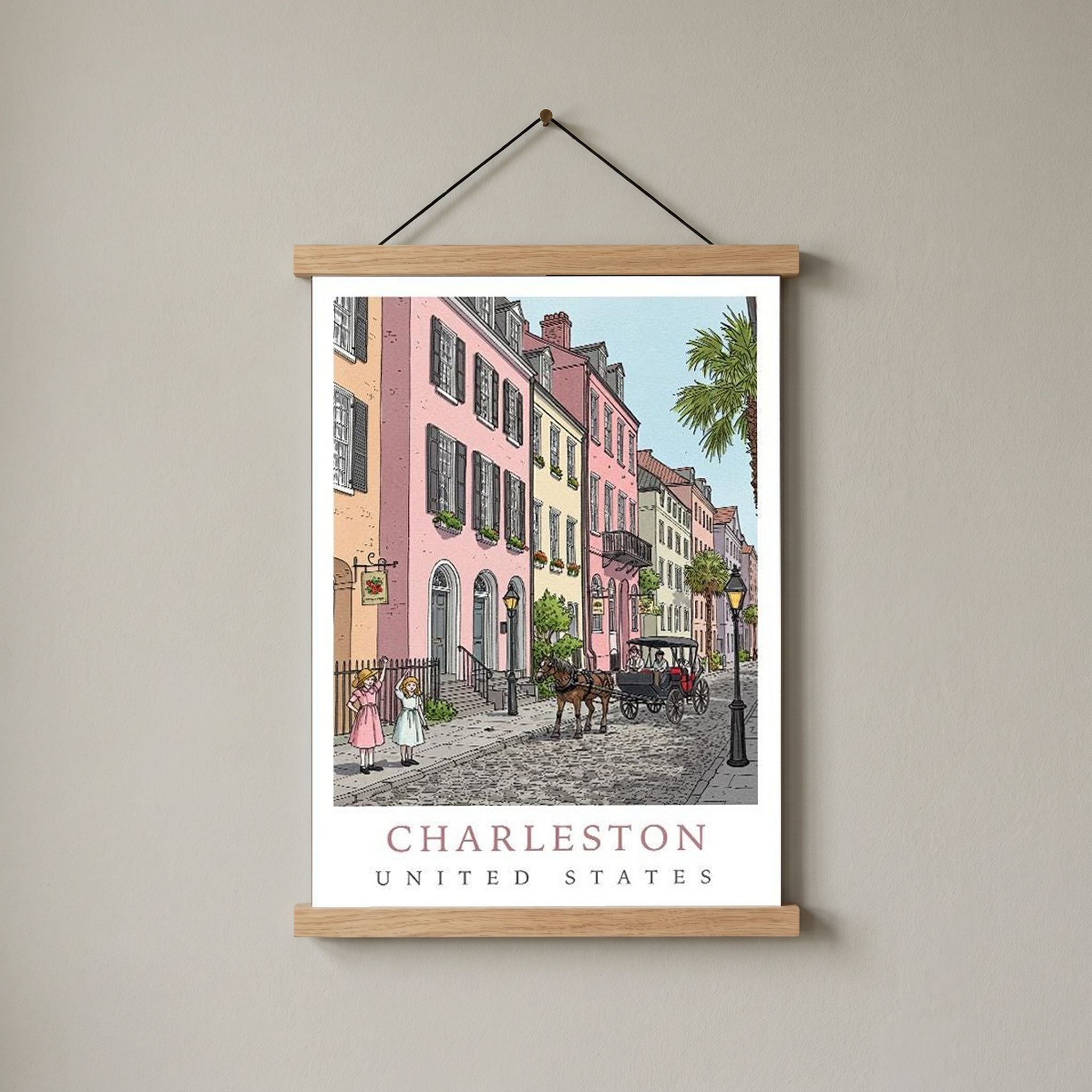 Charleston SC Travel Poster — Rainbow Row Carriage Ride Pastel Print
