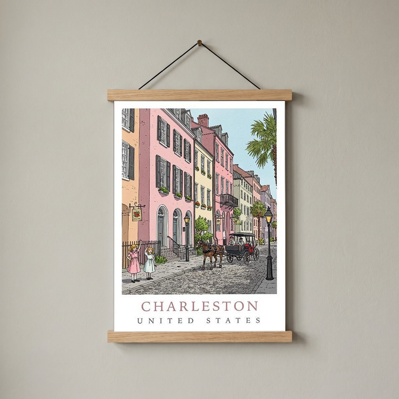 Charleston SC Travel Poster — Rainbow Row Carriage Ride Pastel Print