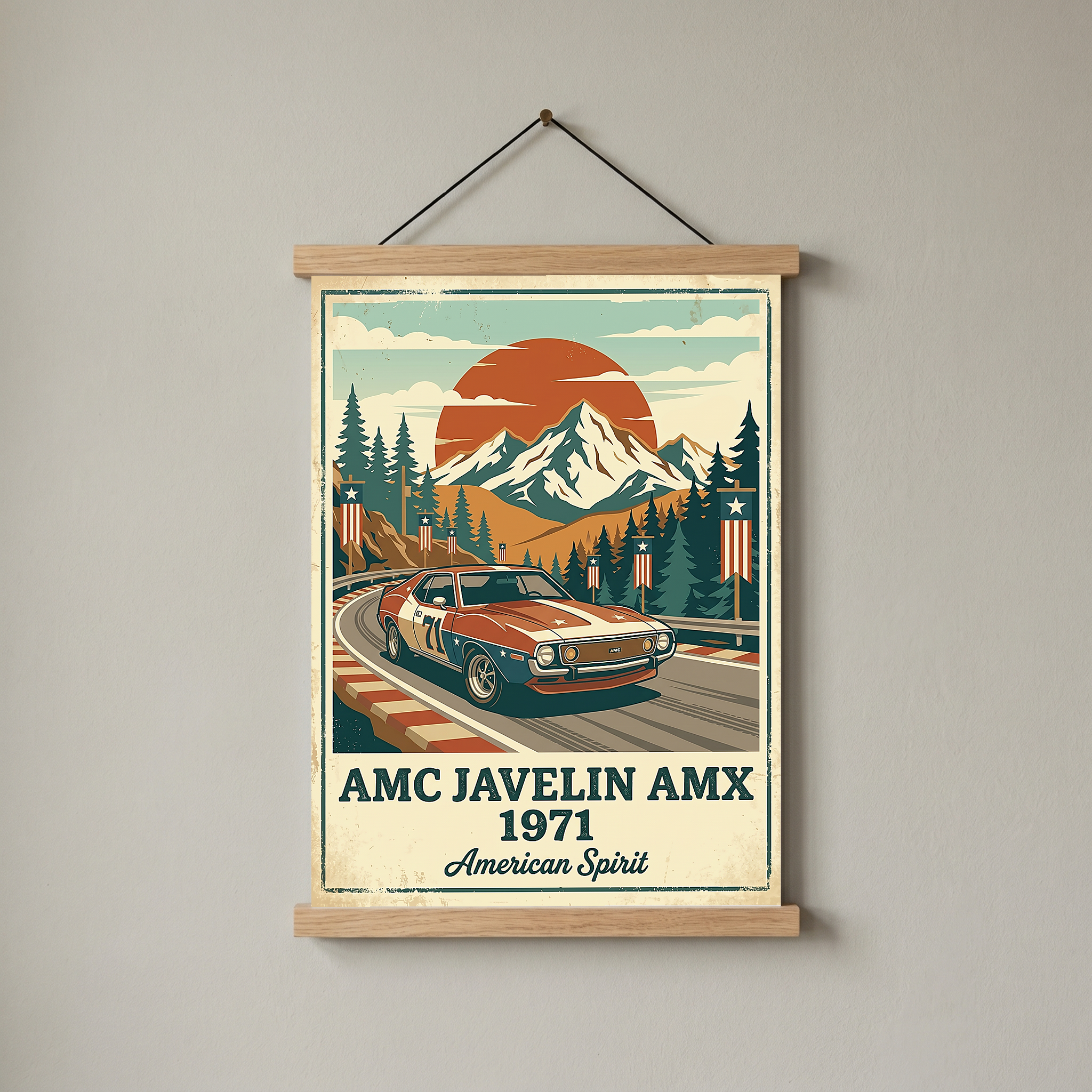 AMC Javelin AMX 1971 Poster — Vintage Muscle Car Race Track Mountain Print