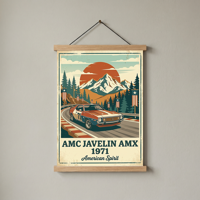 AMC Javelin AMX 1971 Poster — Vintage Muscle Car Race Track Mountain Print