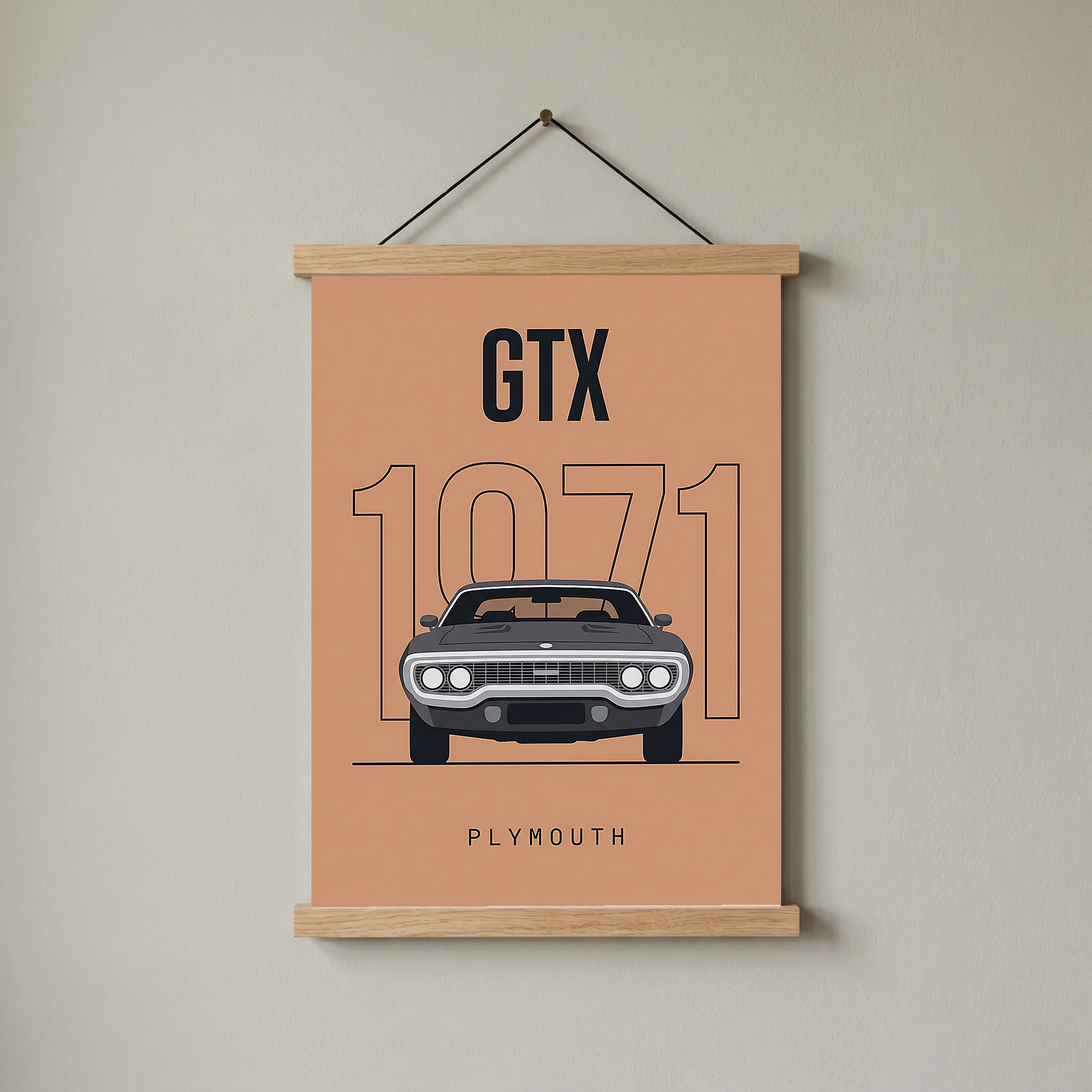 Plymouth GTX 1971 Minimalist Poster — Peach B-Body Muscle Line Art