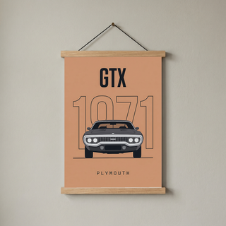 Plymouth GTX 1971 Minimalist Poster — Peach B-Body Muscle Line Art