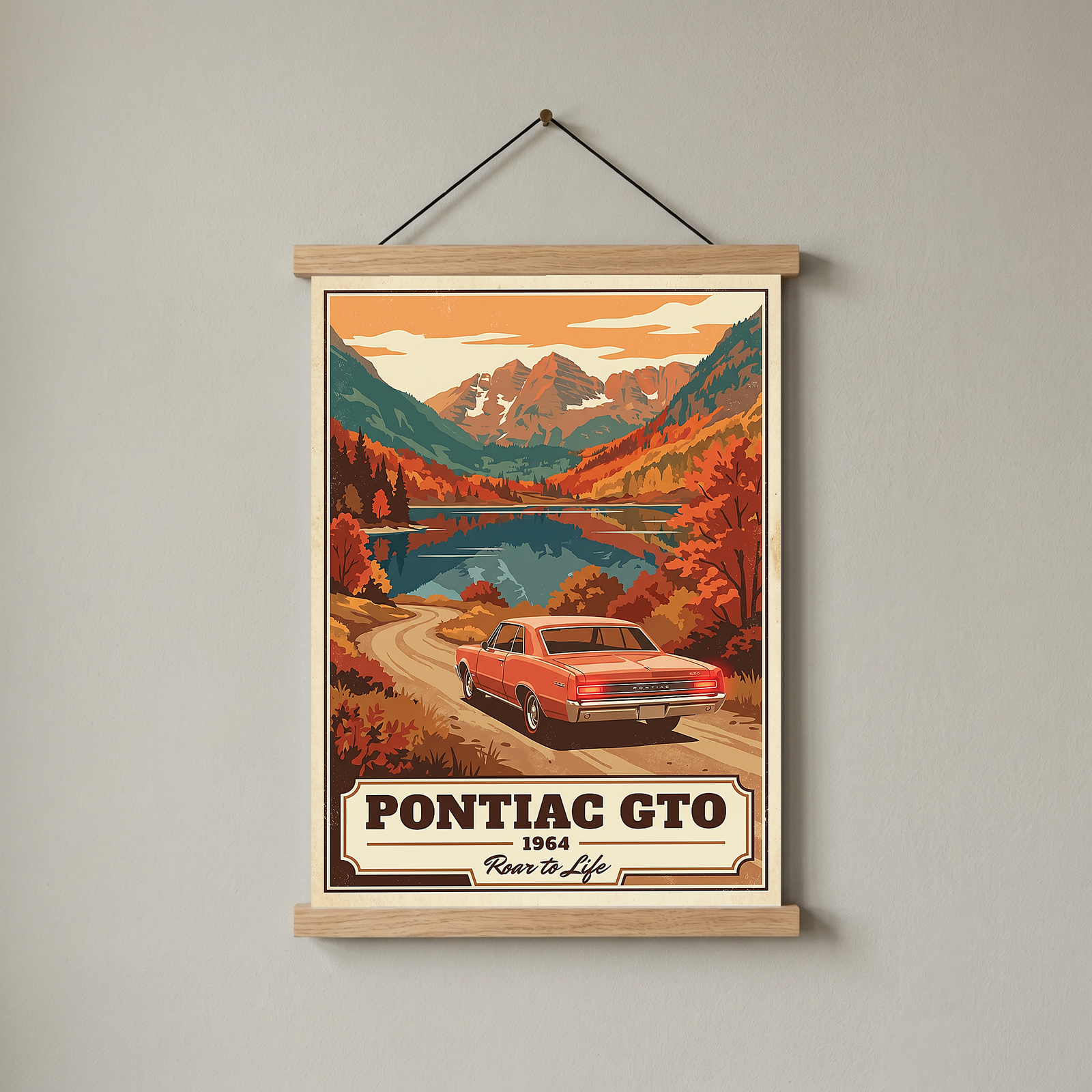 Pontiac GTO 1964 V4 Poster — Vintage Muscle Autumn Mountain Lake Print