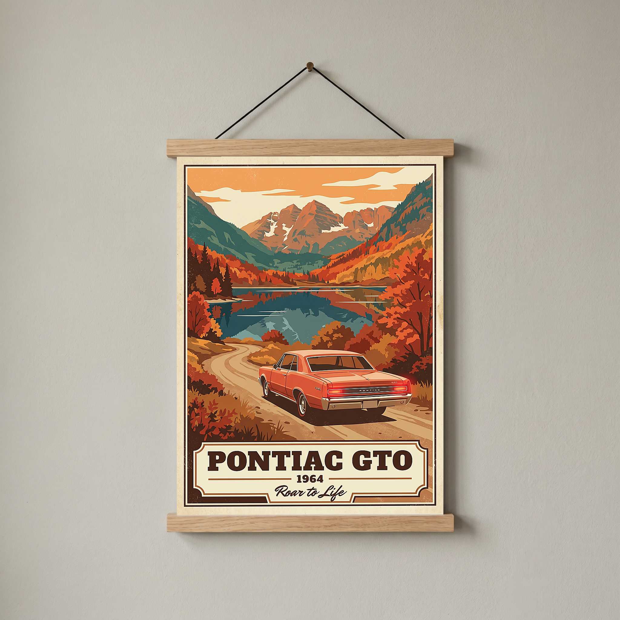 Pontiac GTO 1964 V4 Poster — Vintage Muscle Autumn Mountain Lake Print