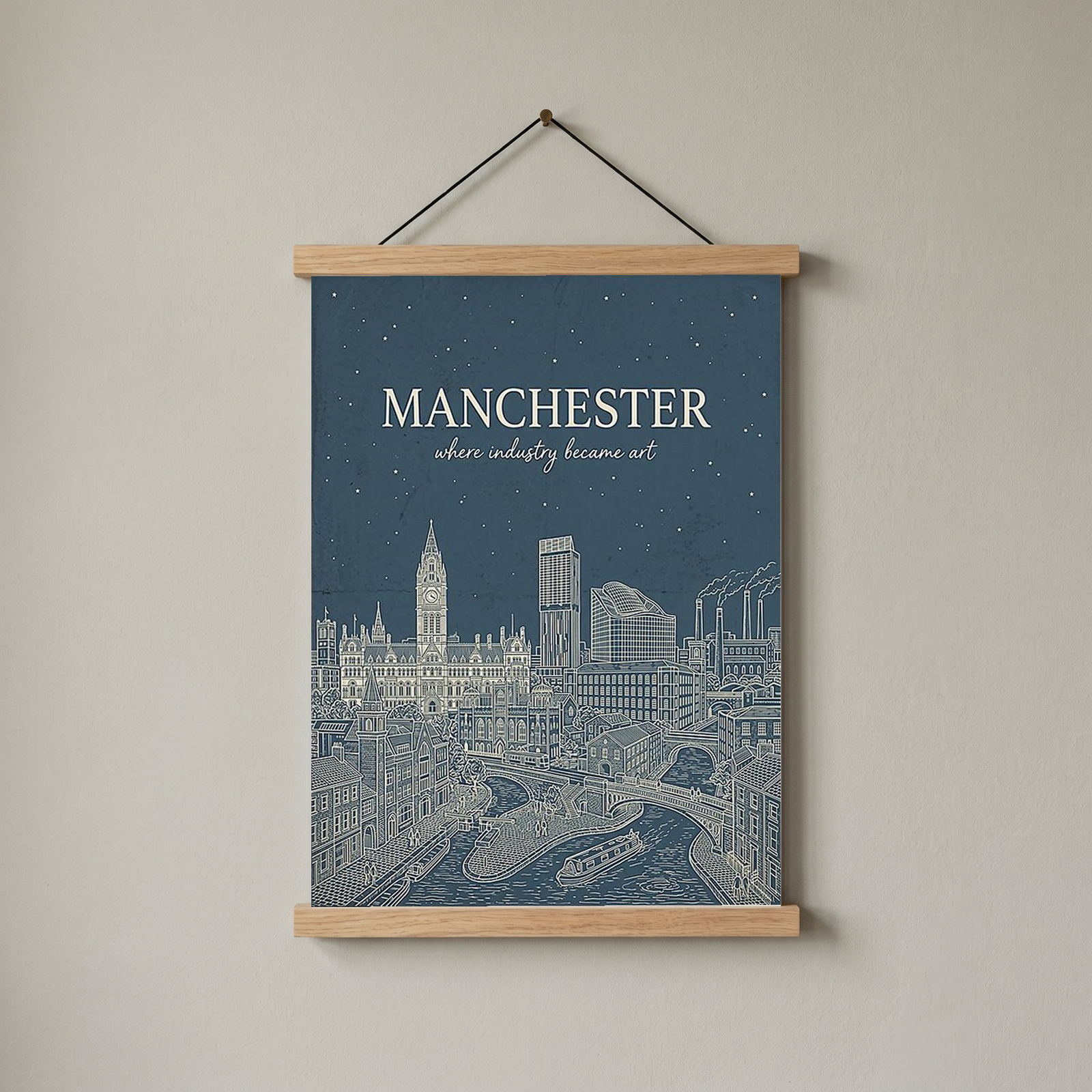 Manchester Line Art Print — Slate Blue Town Hall Industrial Skyline Wall Art