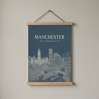 Manchester Line Art Print — Slate Blue Town Hall Industrial Skyline Wall Art