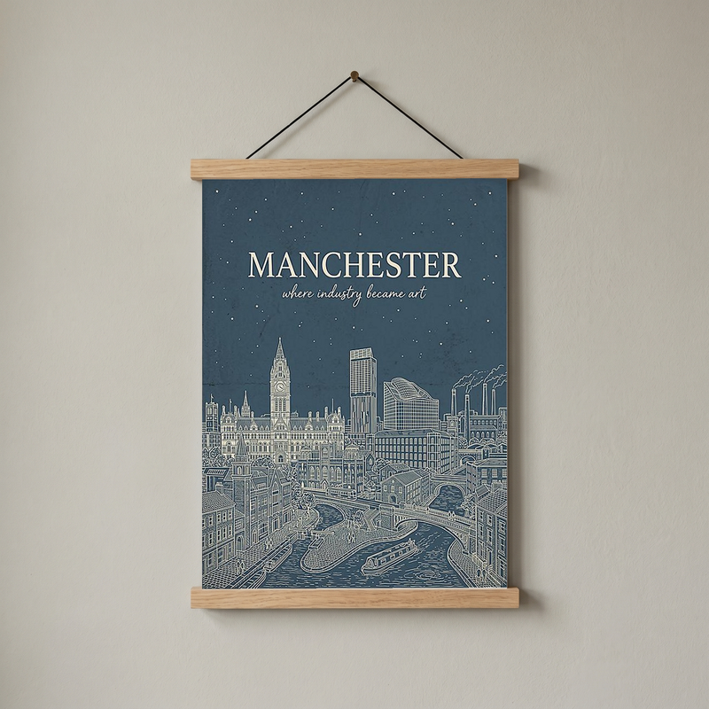 Manchester Line Art Print — Slate Blue Town Hall Industrial Skyline Wall Art