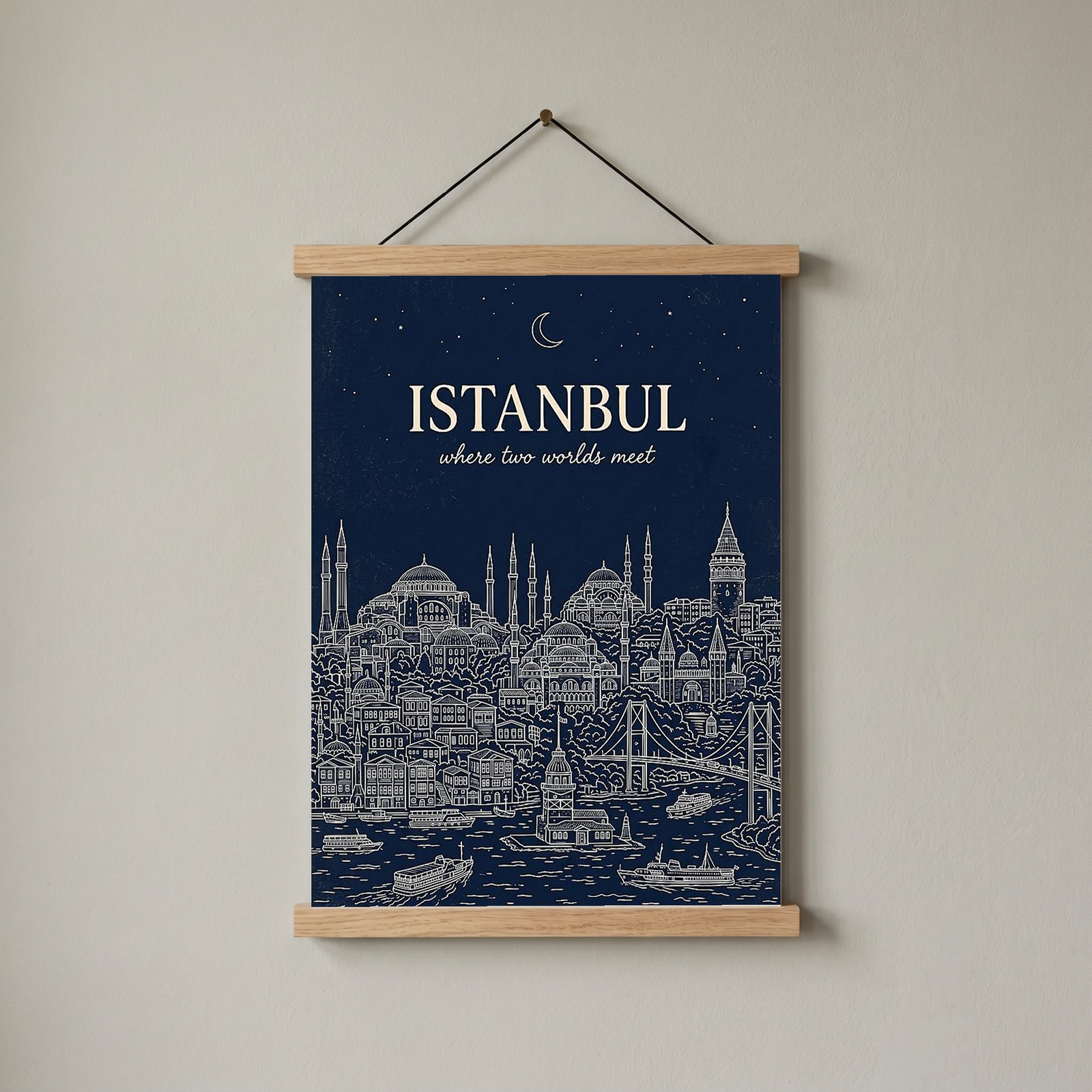 Istanbul Line Art Print — Navy Bosphorus Skyline Hagia Sophia Wall Art