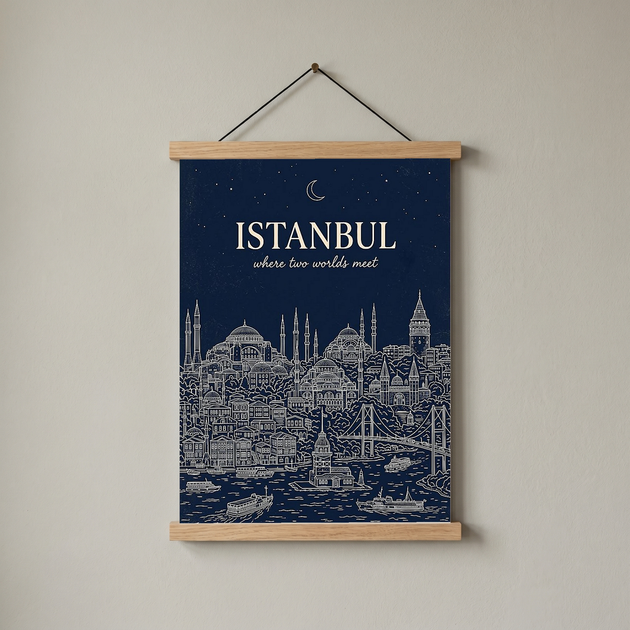 Istanbul Line Art Print — Navy Bosphorus Skyline Hagia Sophia Wall Art
