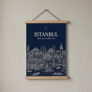 Istanbul Line Art Print — Navy Bosphorus Skyline Hagia Sophia Wall Art