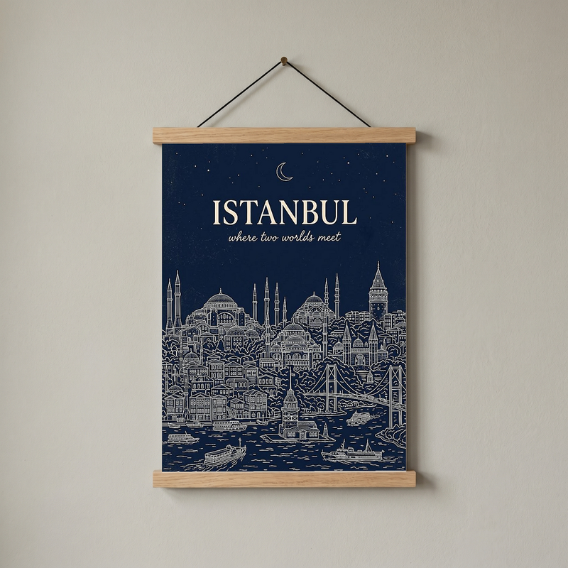 Istanbul Line Art Print — Navy Bosphorus Skyline Hagia Sophia Wall Art