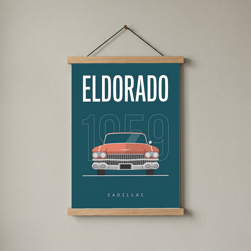 Cadillac Eldorado 1959 Minimalist Poster — Teal Tail-Fin Classic Line Art