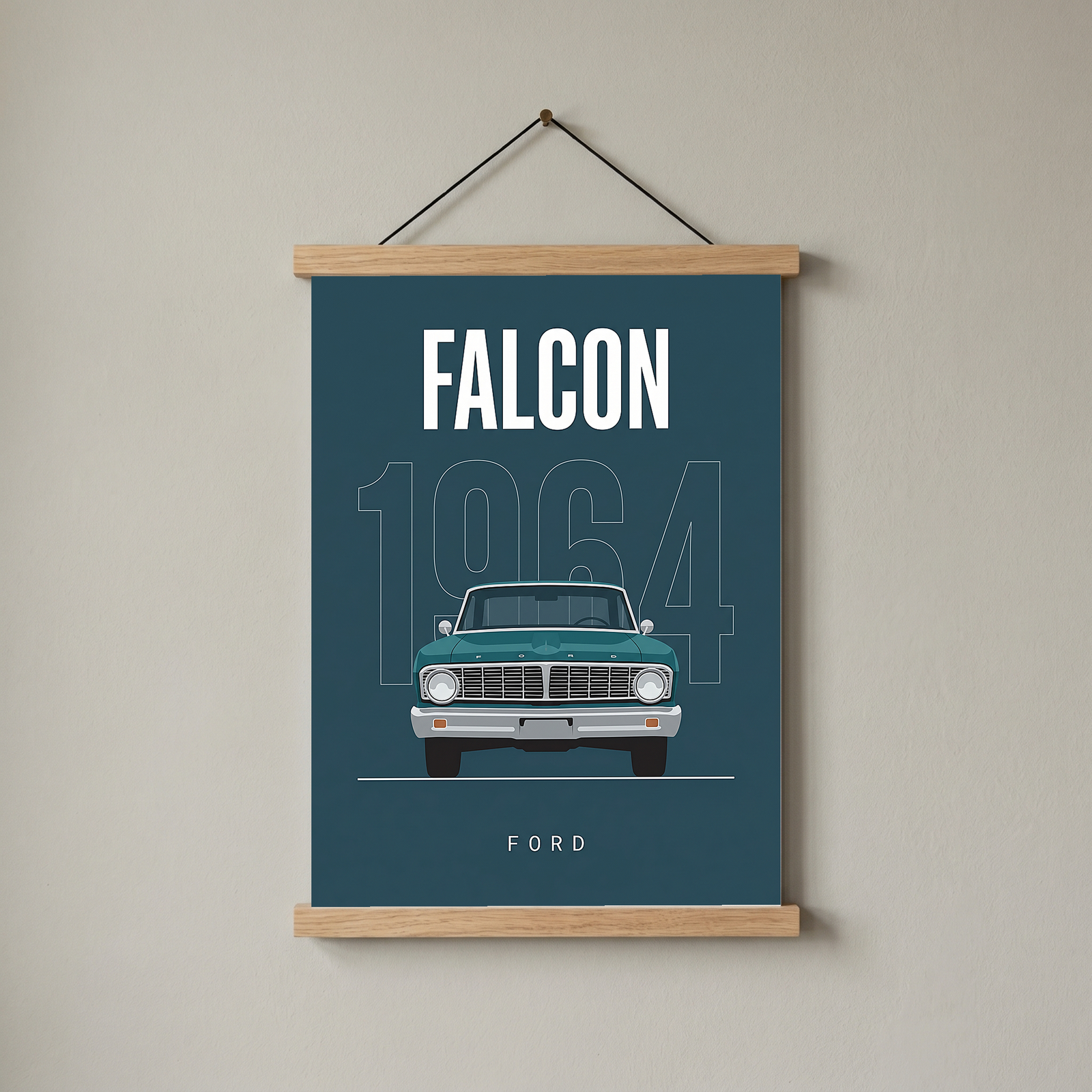 Ford Falcon 1964 Minimalist Poster — Teal Compact Muscle Line Art