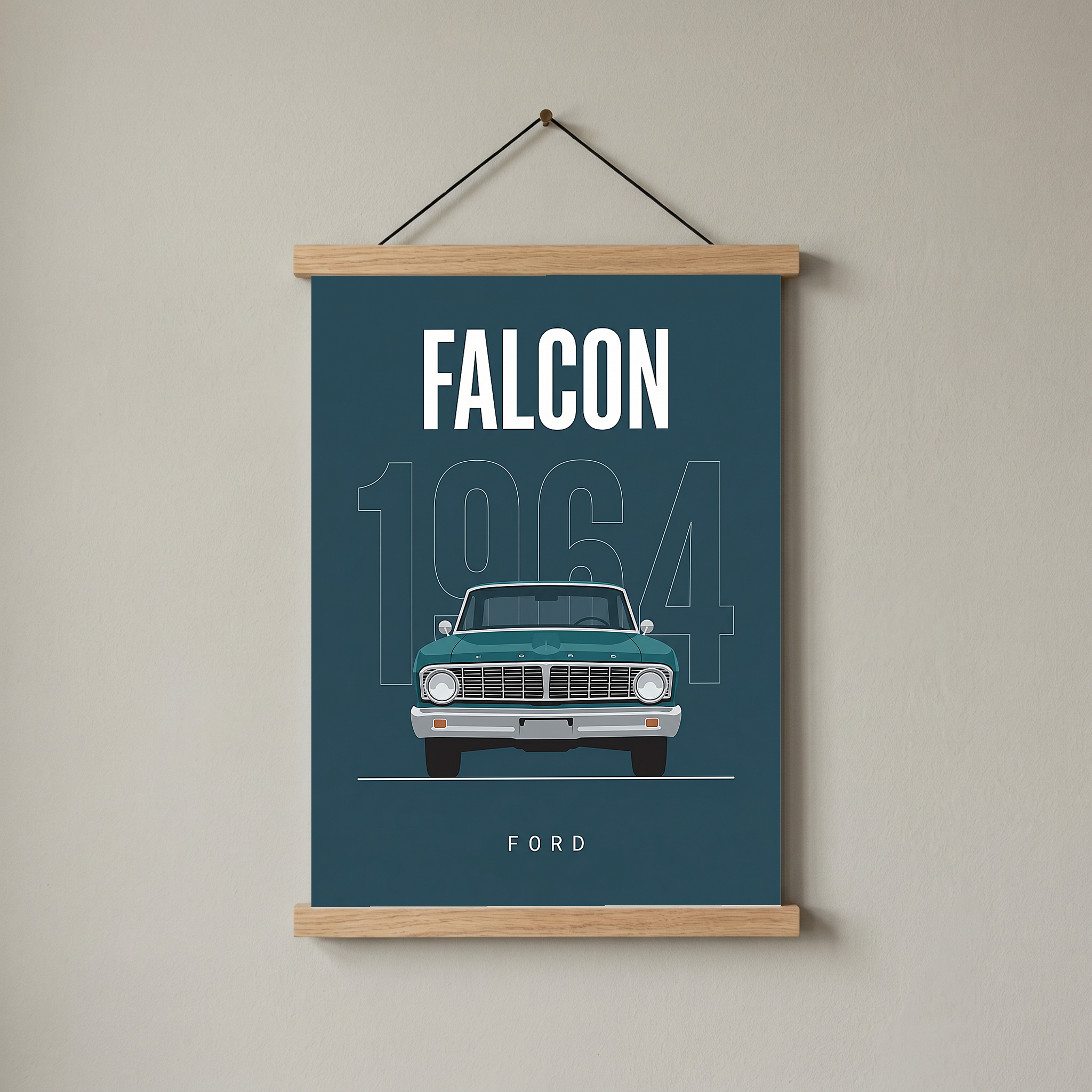 Ford Falcon 1964 Minimalist Poster — Teal Compact Muscle Line Art