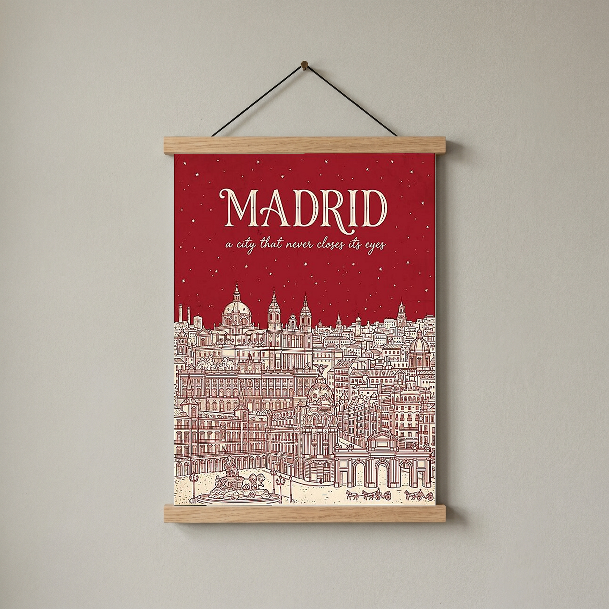 Madrid Line Art Print — Cherry Red Royal Palace Plaza Mayor Skyline Wall Art