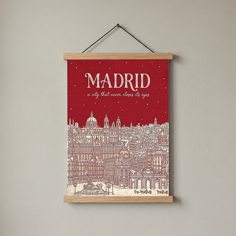 Madrid Line Art Print — Cherry Red Royal Palace Plaza Mayor Skyline Wall Art