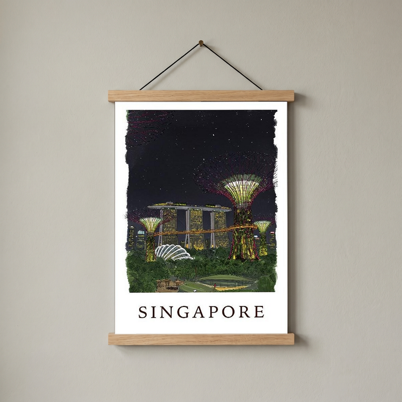 Singapore Travel Poster — Gardens by the Bay Marina Night Print