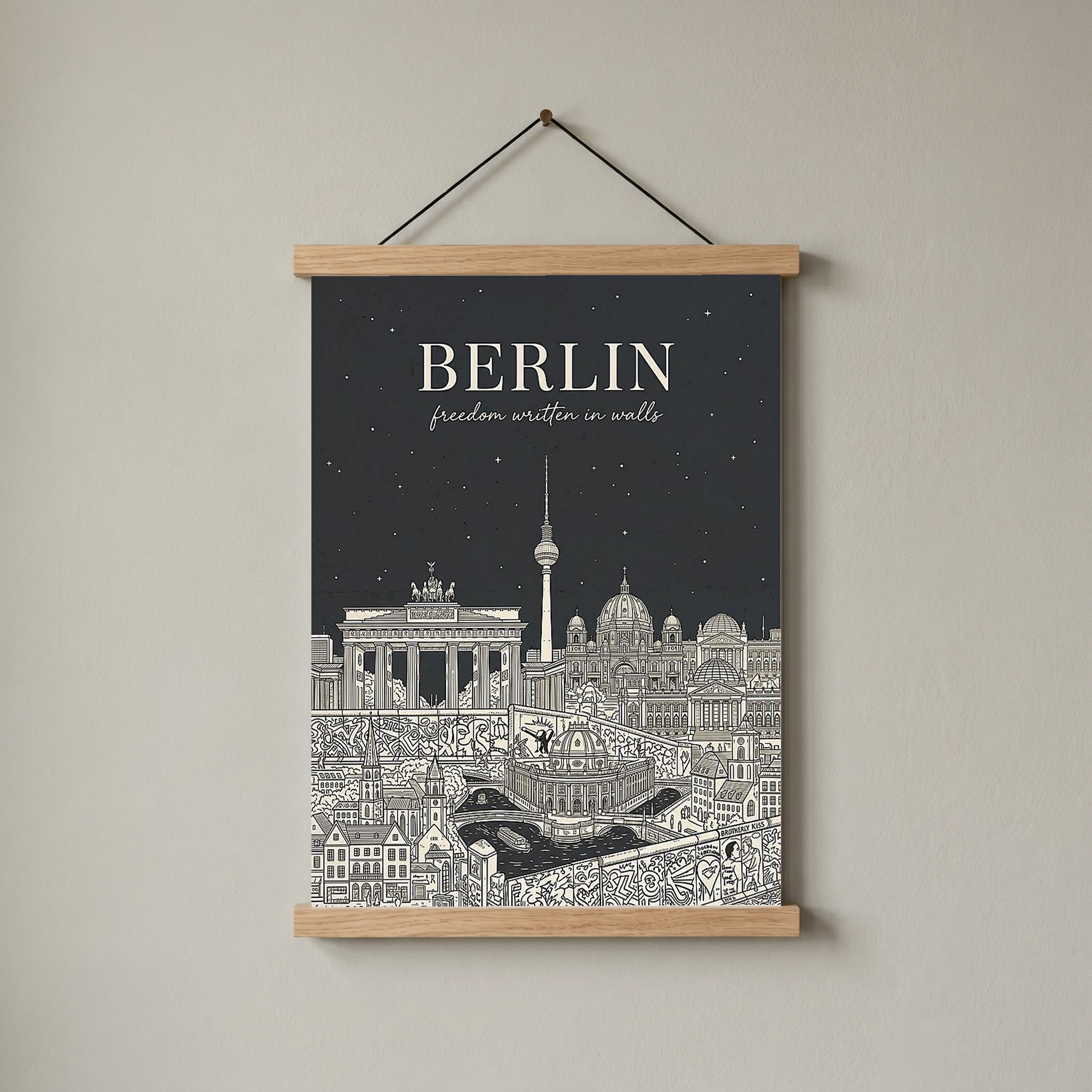 Berlin Line Art Print — Charcoal Brandenburg Gate TV Tower Skyline Wall Art