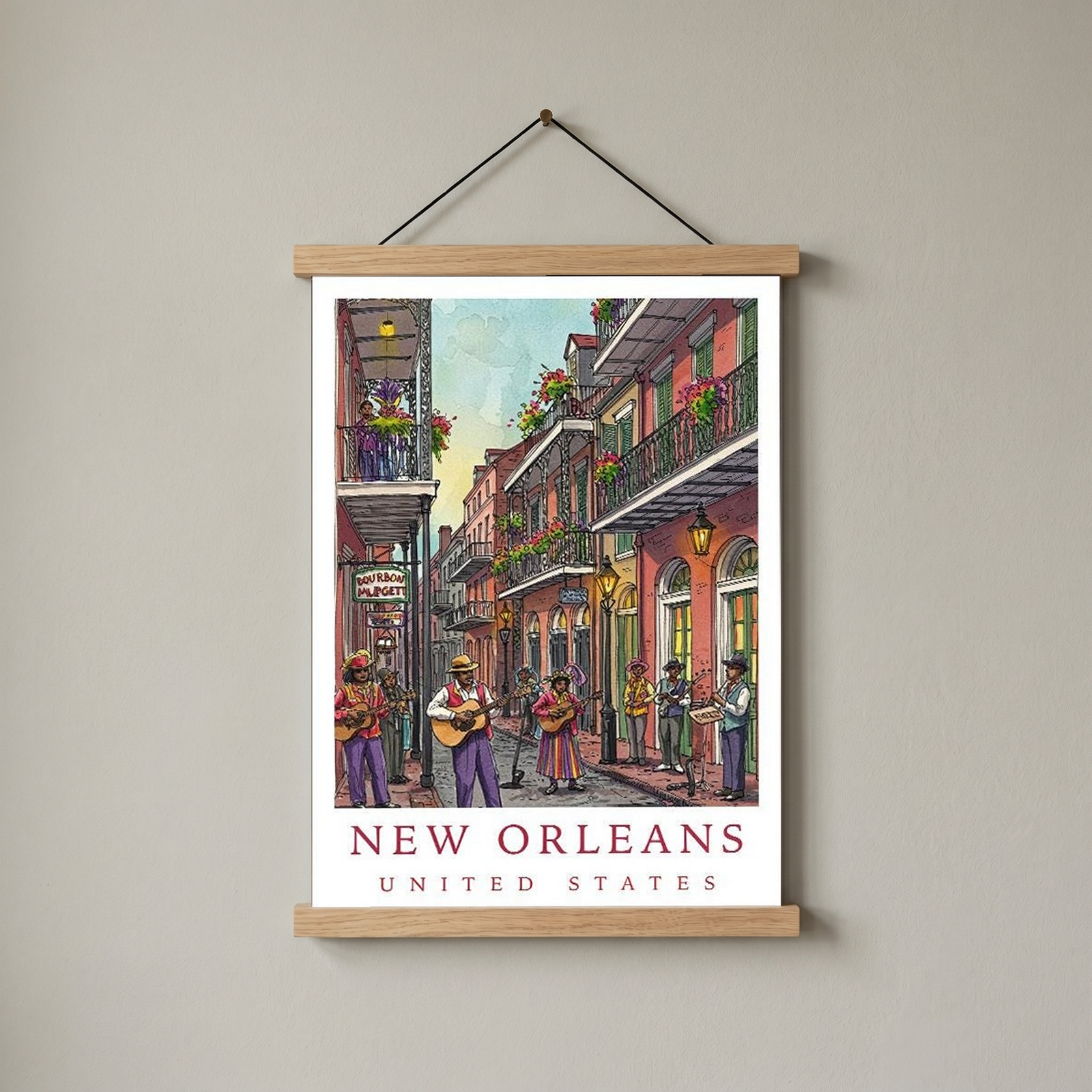 New Orleans Travel Poster — French Quarter Jazz Buskers Street Print