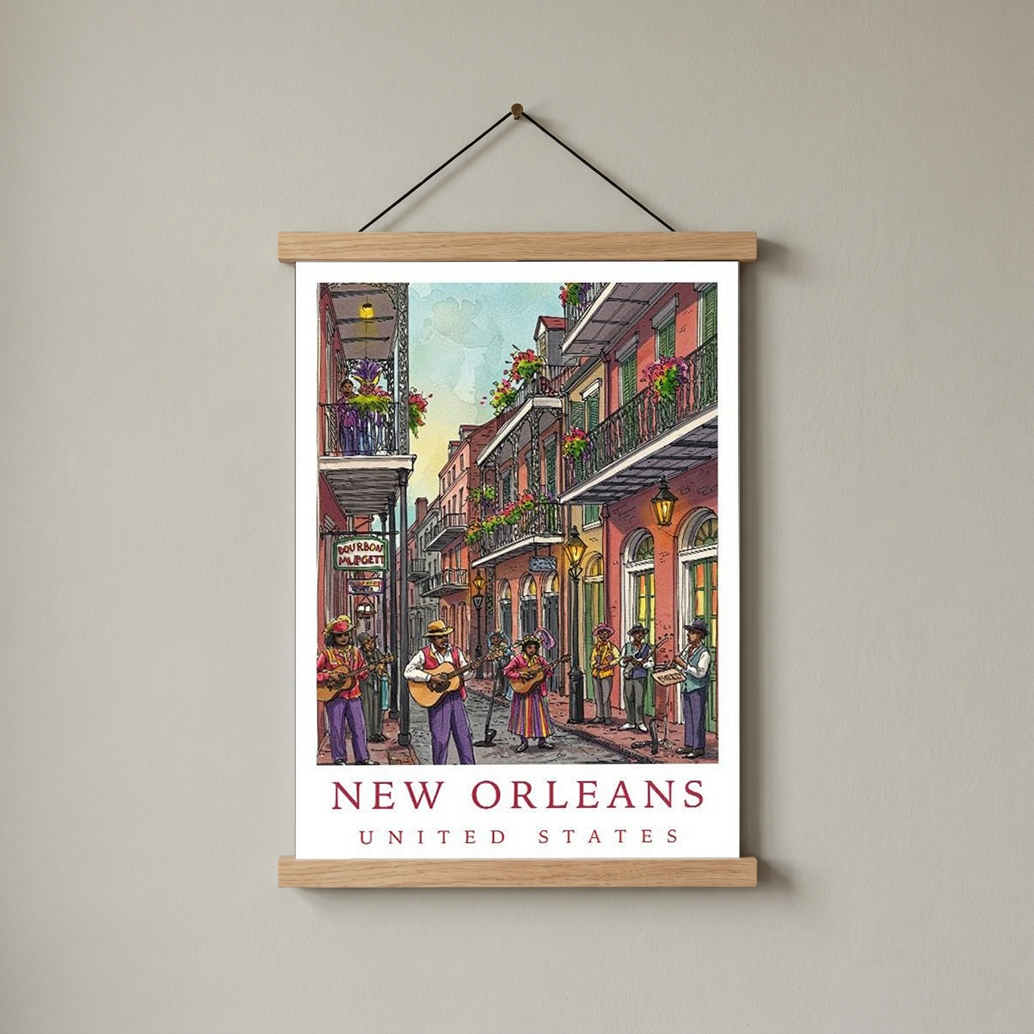 New Orleans Travel Poster — French Quarter Jazz Buskers Street Print