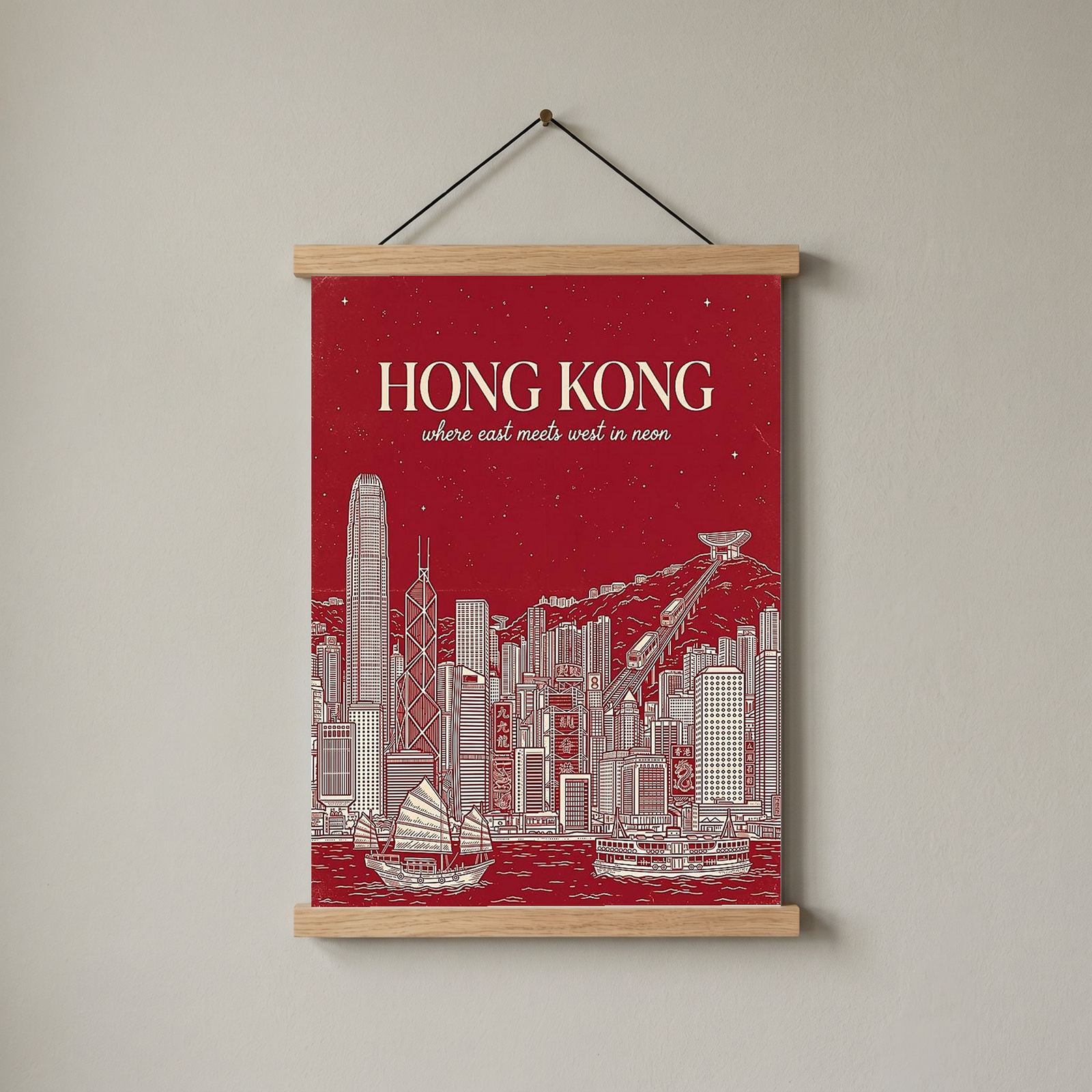 Hong Kong Line Art Print — Crimson Victoria Harbour Skyline Junk Boat Wall Art