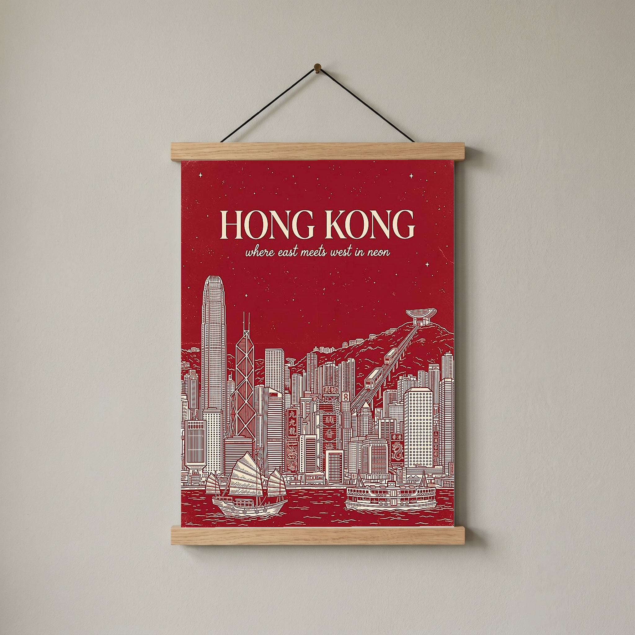 Hong Kong Line Art Print — Crimson Victoria Harbour Skyline Junk Boat Wall Art