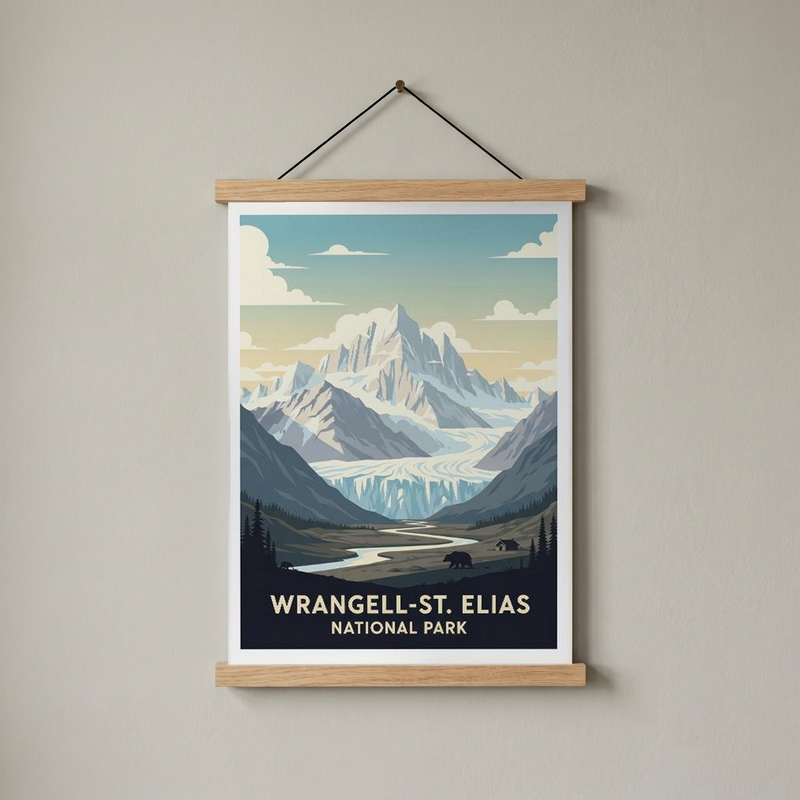 Wrangell-St. Elias National Park Poster — Vintage Alaska Glacier Mountain Bear Print