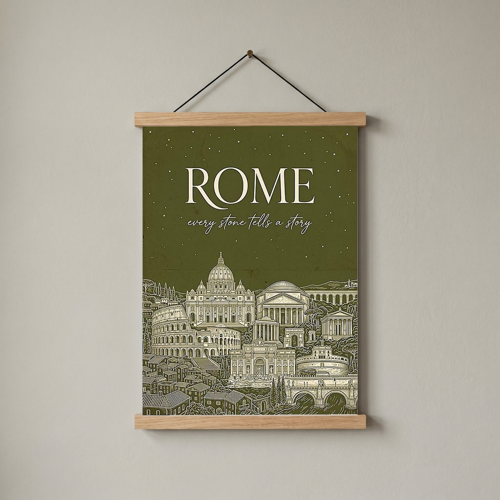 Rome Line Art Print — Olive Green Colosseum Vatican Skyline Wall Art