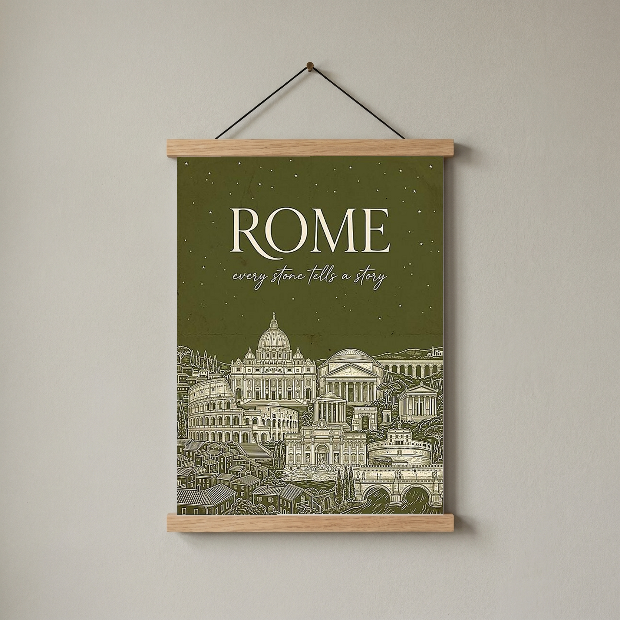 Rome Line Art Print — Olive Green Colosseum Vatican Skyline Wall Art