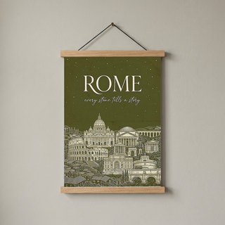 Rome Line Art Print — Olive Green Colosseum Vatican Skyline Wall Art
