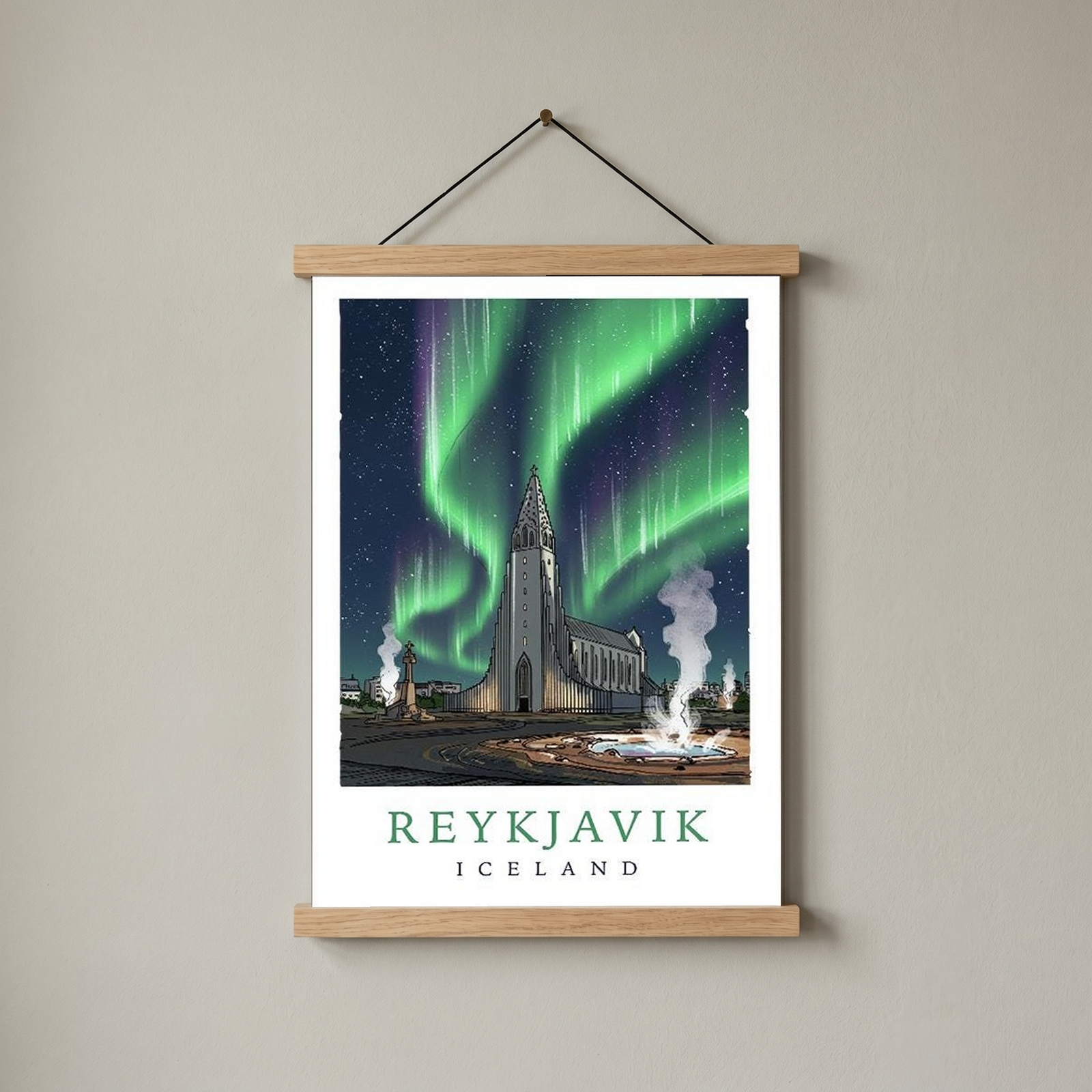 Reykjavik Iceland Travel Poster — Hallgrímskirkja Northern Lights Print