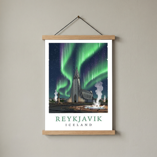 Reykjavik Iceland Travel Poster — Hallgrímskirkja Northern Lights Print