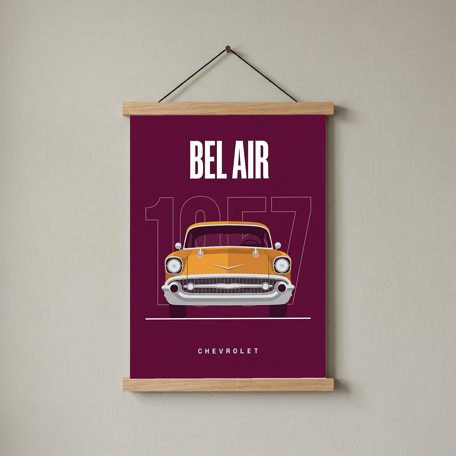 Chevrolet Bel Air 1957 Minimalist Poster — Burgundy Classic Car Line Art