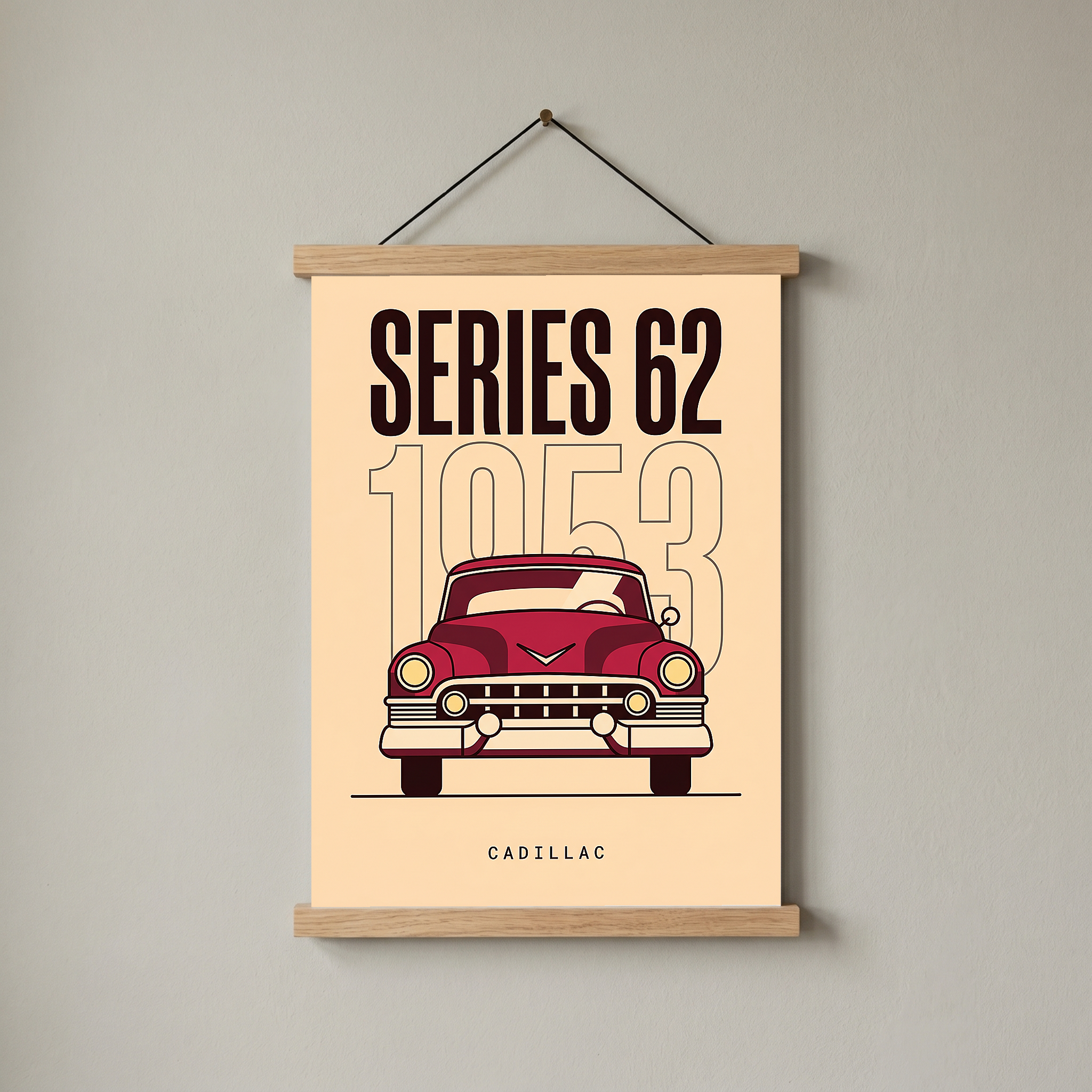 Cadillac Series 62 1953 Minimalist Poster — Cream Classic Car Line Art