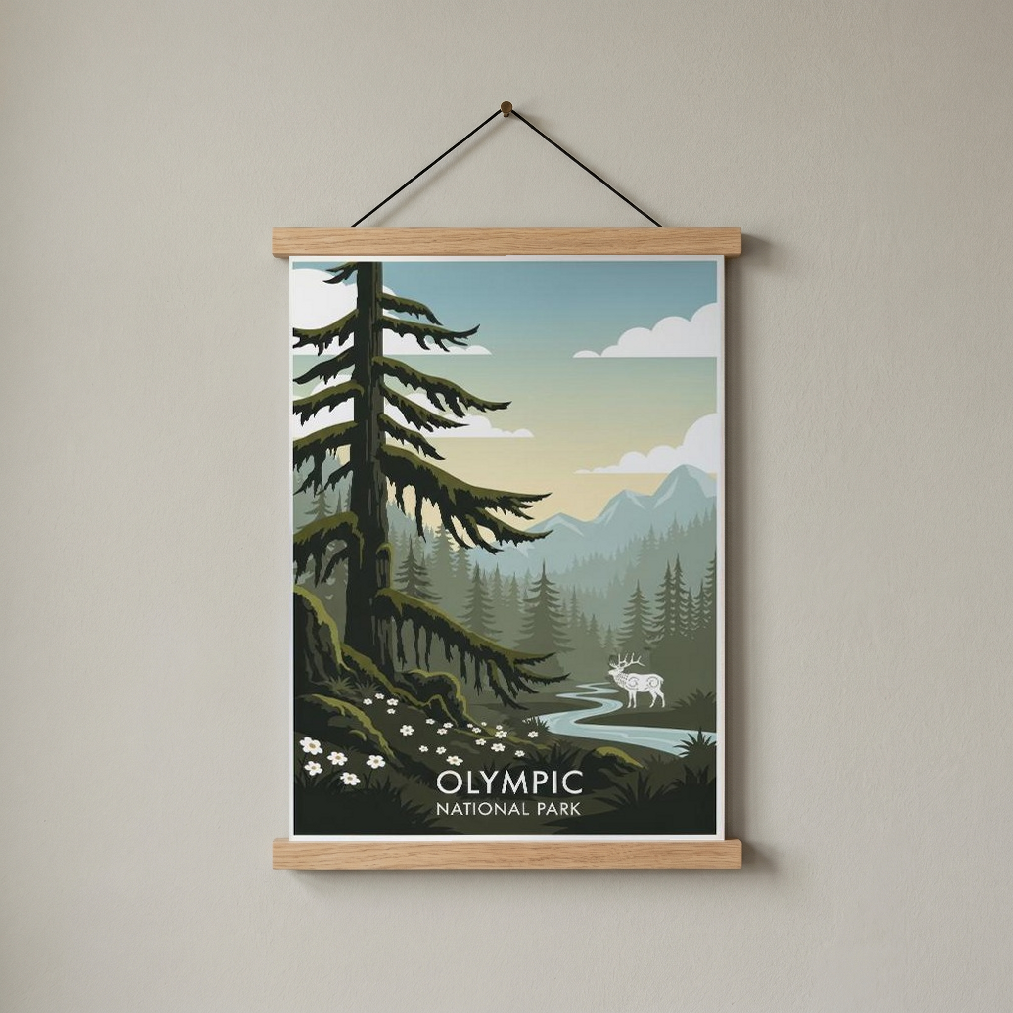 Olympic National Park Poster — Vintage Washington Roosevelt Elk Old-Growth Print