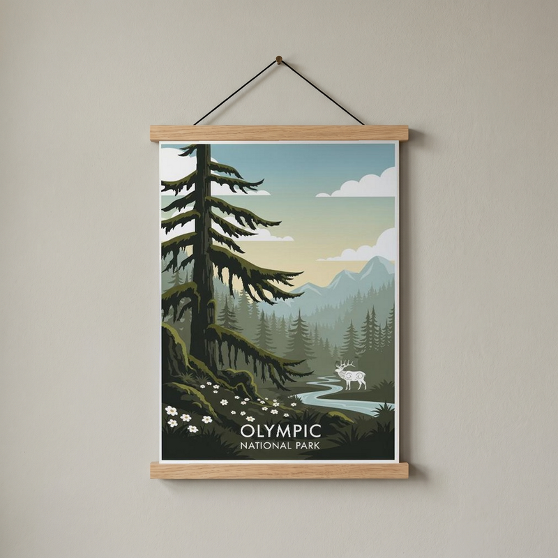 Olympic National Park Poster — Vintage Washington Roosevelt Elk Old-Growth Print