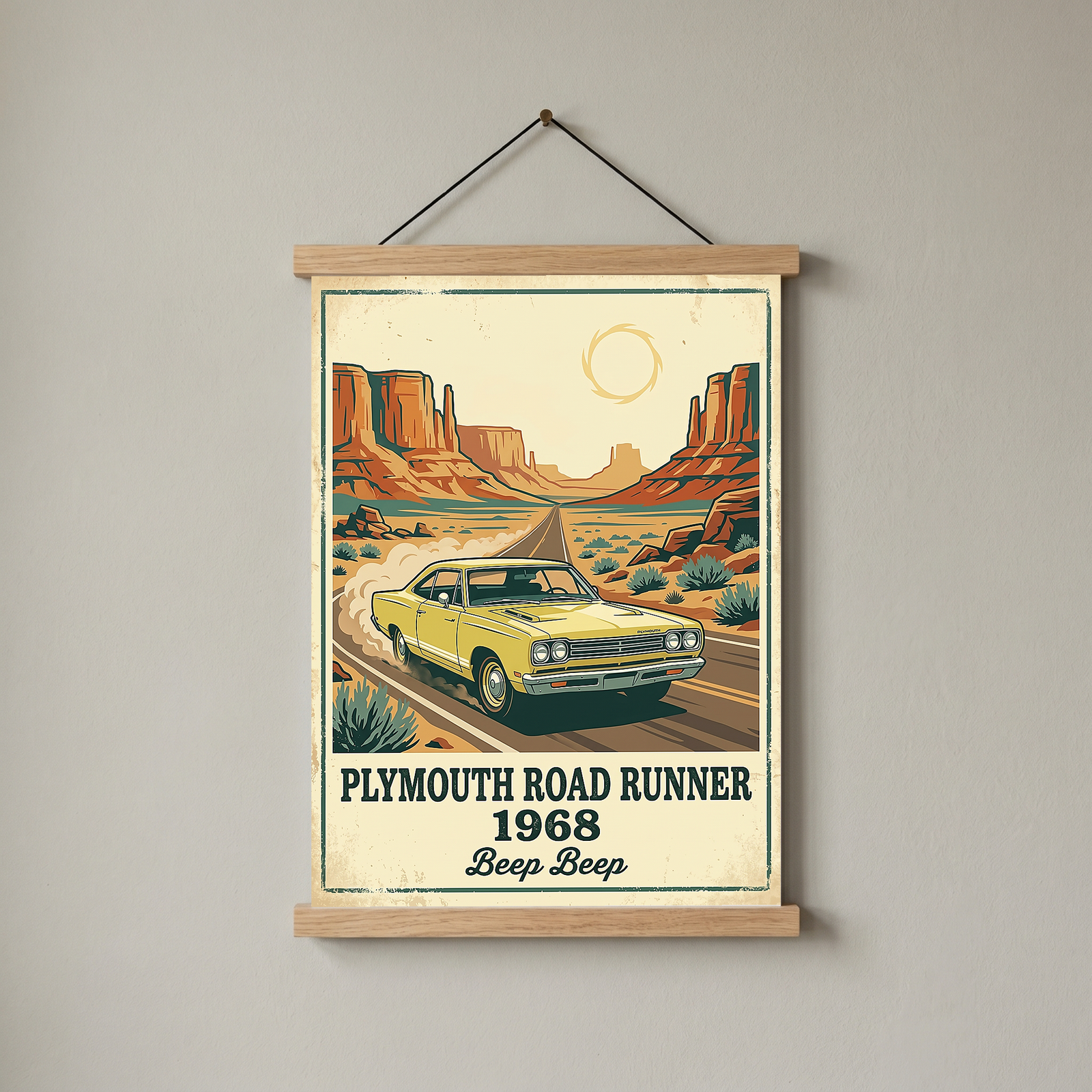 Plymouth Road Runner 1968 Poster — Vintage Muscle Car Monument Valley Print