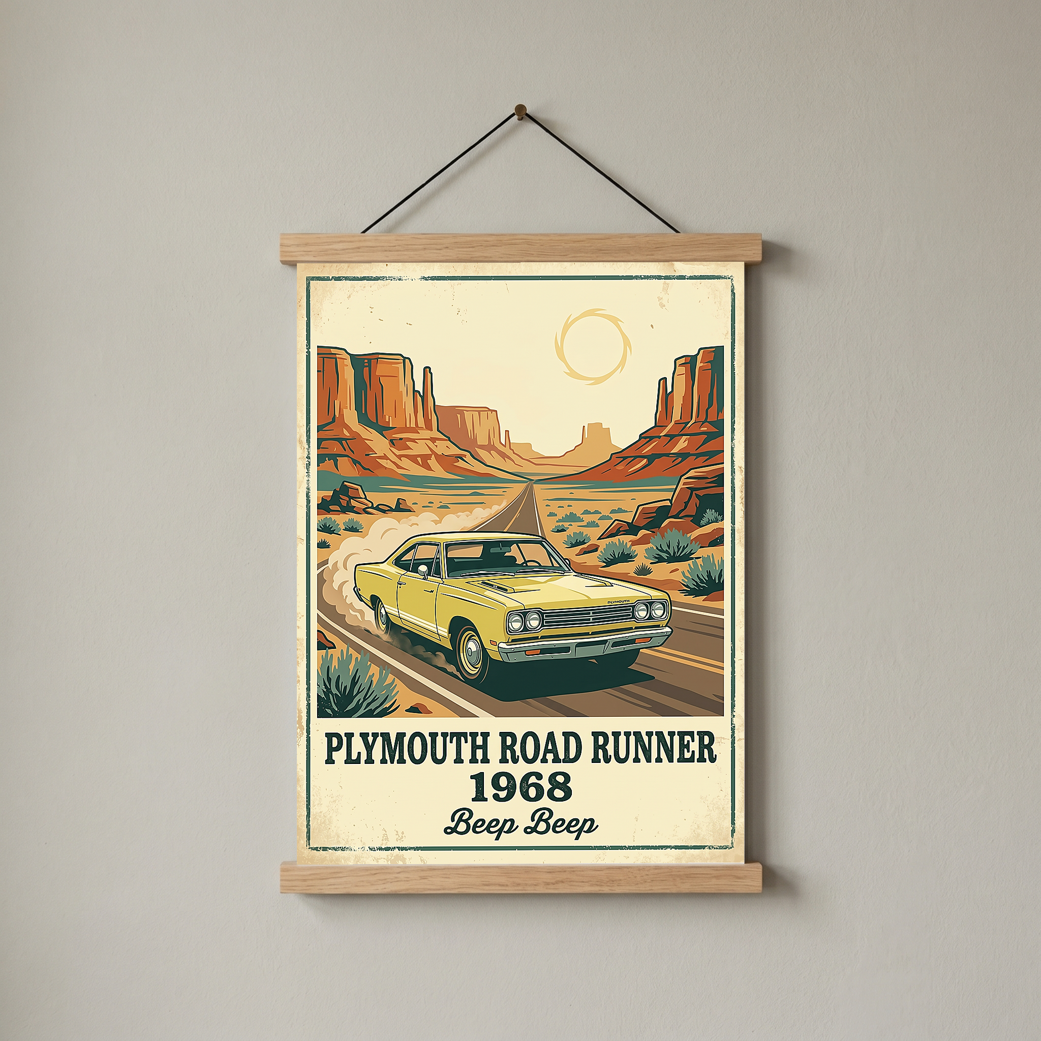 Plymouth Road Runner 1968 Poster — Vintage Muscle Car Monument Valley Print