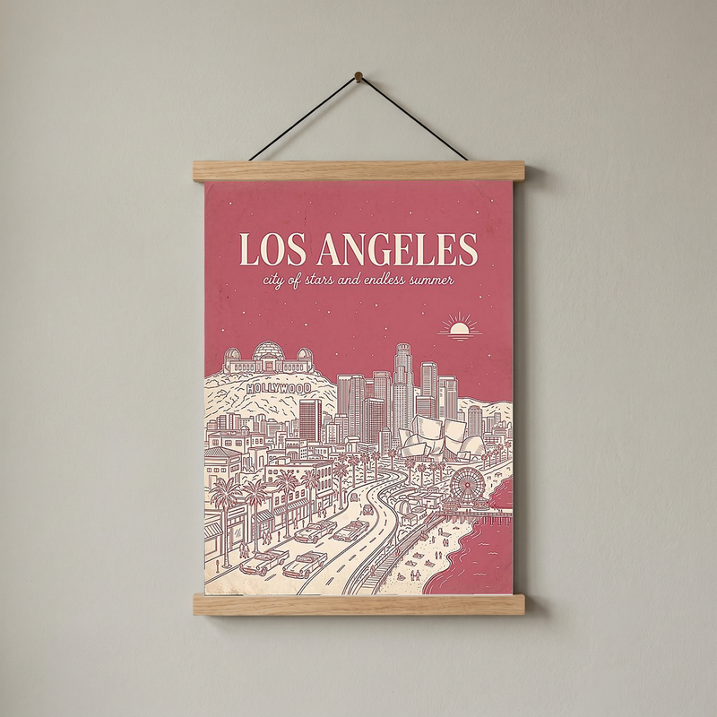 Los Angeles Line Art Print — Pink Hollywood Sign Downtown Skyline Wall Art