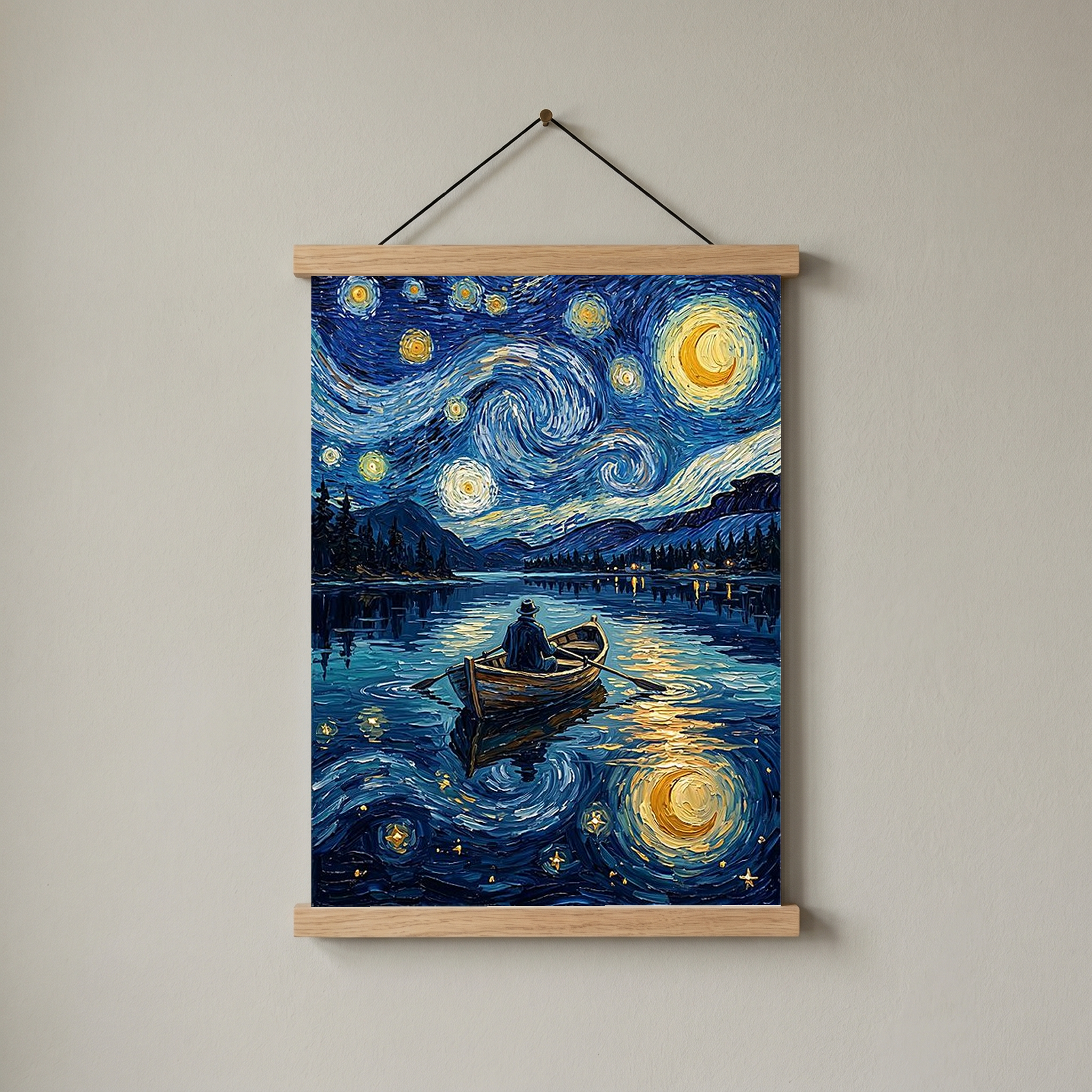 Moonlit Lake Rowboat Print — Van Gogh-Style Night Fishing Cabin Wall Art