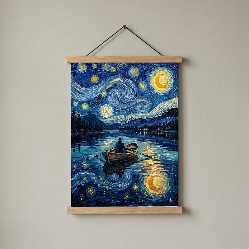 Moonlit Lake Rowboat Print — Van Gogh-Style Night Fishing Cabin Wall Art